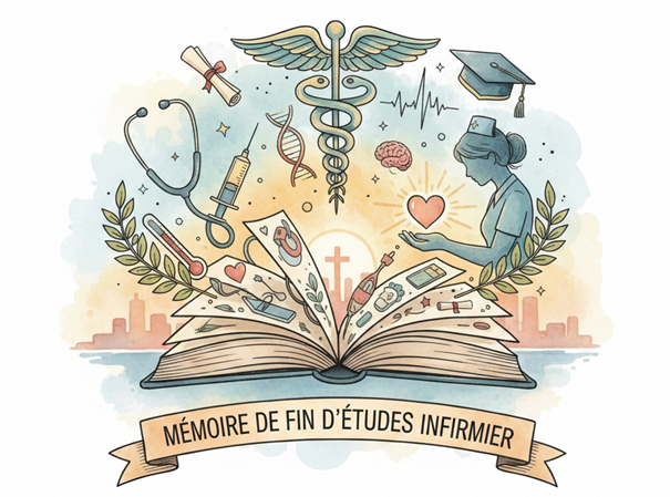 Symbolisation imag&eacute;e d'un m&eacute;moire infirmier. Image g&eacute;n&eacute;r&eacute;e par IA