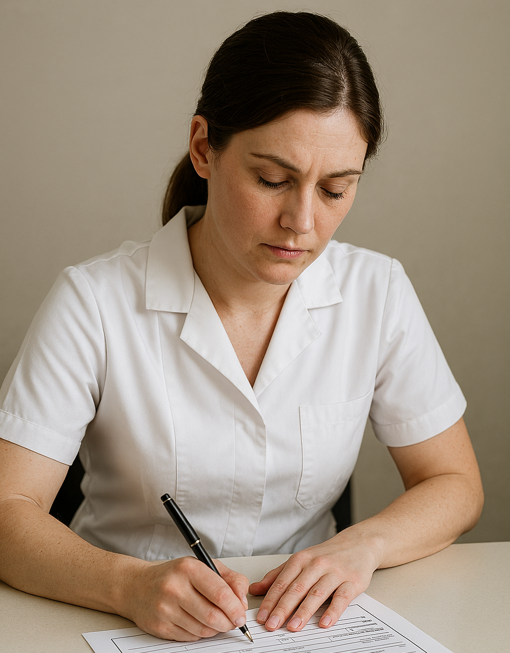 Une infirmi&egrave;re r&eacute;digeant un certificat de d&eacute;c&egrave;s.